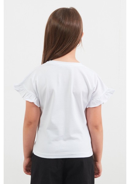 Tavşan Baskılı Kolu Fırfırlı Kız Çocuk Tişört modelleri