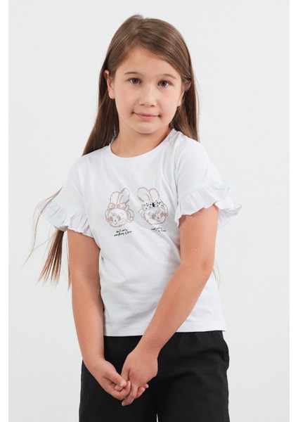 Tavşan Baskılı Kolu Fırfırlı Kız Çocuk Tişört indirimleri