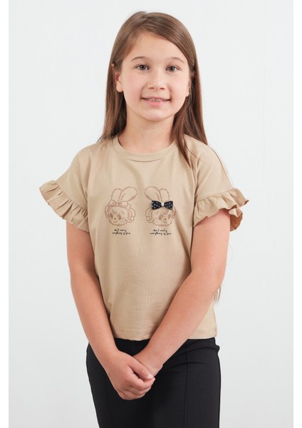 Tavşan Baskılı Kolu Fırfırlı Kız Çocuk Tişört
