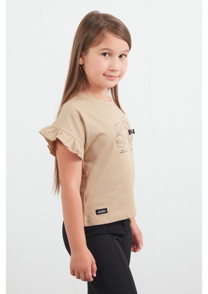 Tavşan Baskılı Kolu Fırfırlı Kız Çocuk Tişört fiyatları