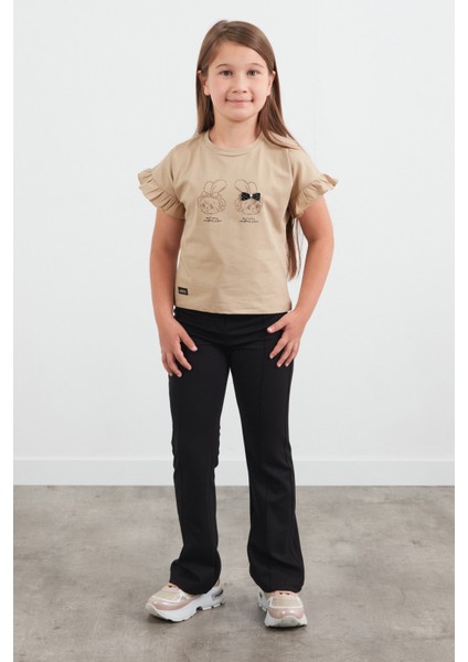 Tavşan Baskılı Kolu Fırfırlı Kız Çocuk Tişört modelleri