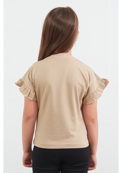 Tavşan Baskılı Kolu Fırfırlı Kız Çocuk Tişört fırsatları