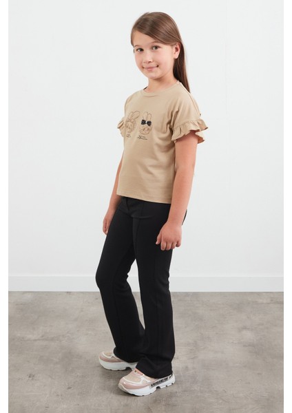 Tavşan Baskılı Kolu Fırfırlı Kız Çocuk Tişört indirimleri