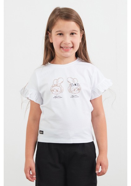 Tavşan Baskılı Kolu Fırfırlı Kız Çocuk Tişört