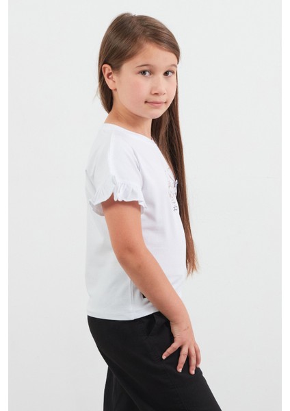 Tavşan Baskılı Kolu Fırfırlı Kız Çocuk Tişört fırsatları