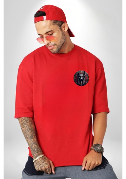 Set Fırtına ve Çöl Tanrısı Mısır Kırmızı Oversize Kadın Erkek Ön Minimal Baskılı Tişört