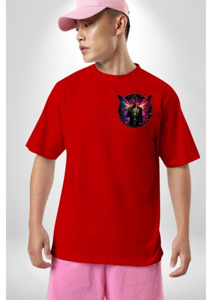 Erkek Hip Hop Rapçi Mor-Pembe Neon Kırmızı Oversize Kadın Erkek Ön Minimal Baskılı Tişört modelleri