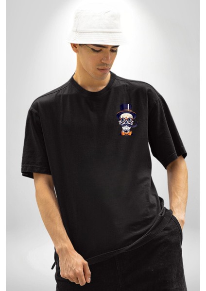 Şapkalı ve Bıyıklı Kafatası Vintage Tarz Siyah Oversize Kadın Erkek Ön Minimal Baskılı Tişört indirimleri