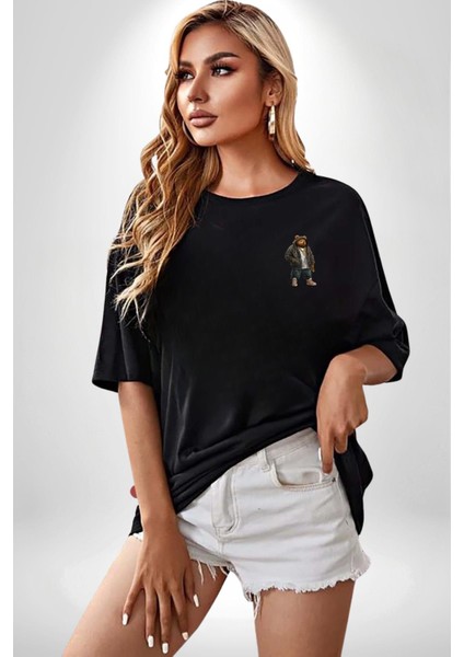 Urban Stil Hip Hop Ayıcık Rapçi Teddy Siyah Oversize Kadın Erkek Ön Minimal Baskılı Tişört