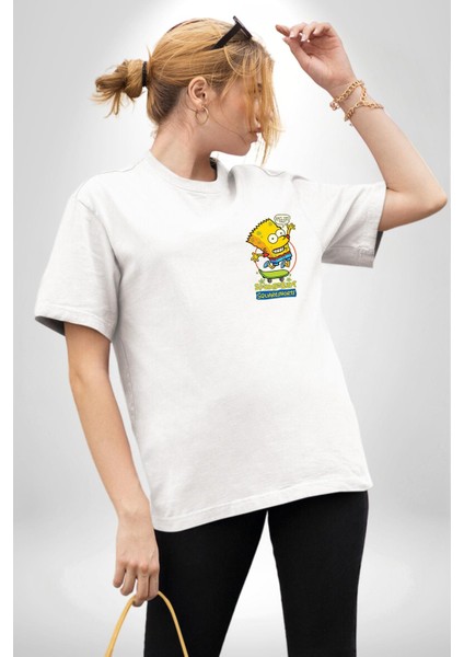 Spongebart Eğlenceli Karakter Beyaz Oversize Kadın Erkek Ön Minimal Baskılı Tişört fırsatları