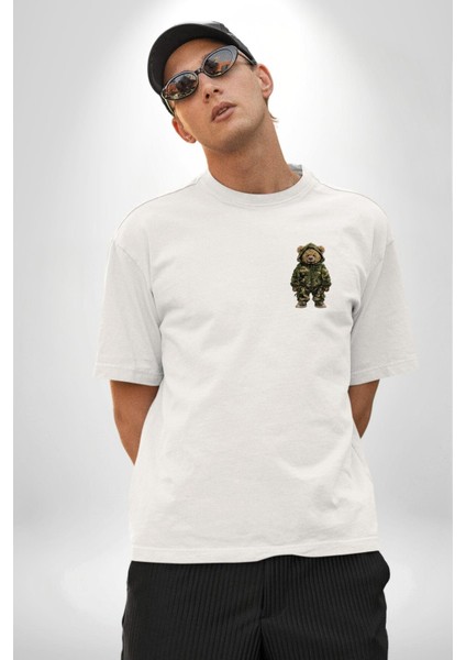 Kamuflaj Desenli Ayıcık Hoodie & Pantolon Takım Beyaz Oversize Kadın Erkek Ön Minimal Baskılı Tişört fırsatları