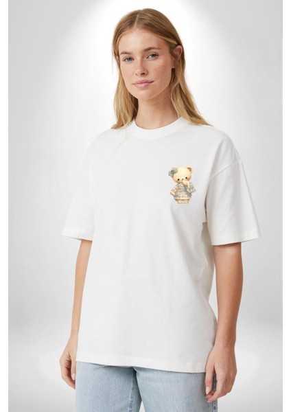 Mavi Kare Desenli Ayıcık Kawaii Stil Beyaz Oversize Kadın Erkek Ön Minimal Baskılı Tişört