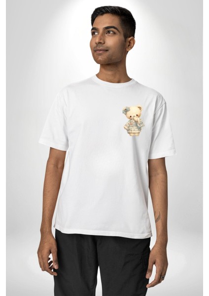 Mavi Kare Desenli Ayıcık Kawaii Stil Beyaz Oversize Kadın Erkek Ön Minimal Baskılı Tişört fiyatları
