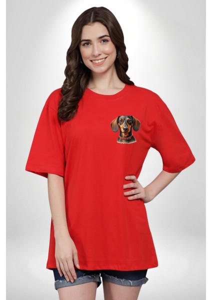 Tatlı Dachshund Köpek Aşkı Kırmızı Oversize Kadın Erkek Ön Minimal Baskılı Tişört