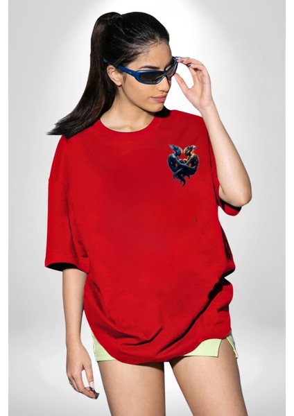 Ikizler Buçu Özel Tasarım Kırmızı Oversize Kadın Erkek Ön Minimal Baskılı Tişört