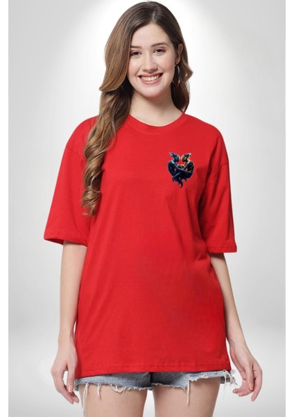 Ikizler Buçu Özel Tasarım Kırmızı Oversize Kadın Erkek Ön Minimal Baskılı Tişört indirimleri