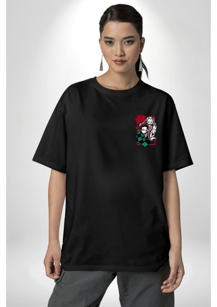 Demon Slayer Anime Tarzı Tanjiro ve Nezuko Siyah Oversize Kadın Erkek Ön Minimal Baskılı Tişört modelleri