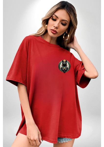 Bastet Tanrıçası Kutsal Kedi Antik Mısır Kırmızı Oversize Kadın Erkek Ön Minimal Baskılı Tişört modelleri