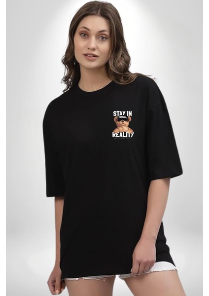 Sanal Gerçeklik Hayalleri Gerçekleştiren Ayı Siyah Oversize Kadın Erkek Ön Minimal Baskılı Tişört modelleri