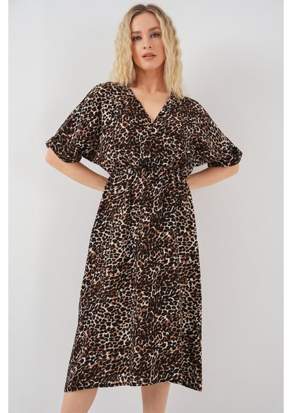 Desenli Kısa Kol Elbise 2569 - C. Kahverengi