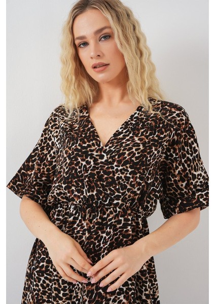 Desenli Kısa Kol Elbise 2569 - C. Kahverengi fırsatları