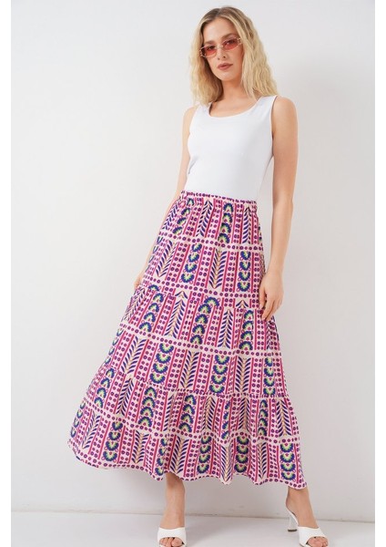 Desenli Uzun Etek 8053 - Fuşya