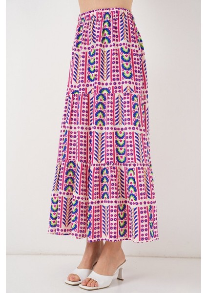 Desenli Uzun Etek 8053 - Fuşya fiyatları