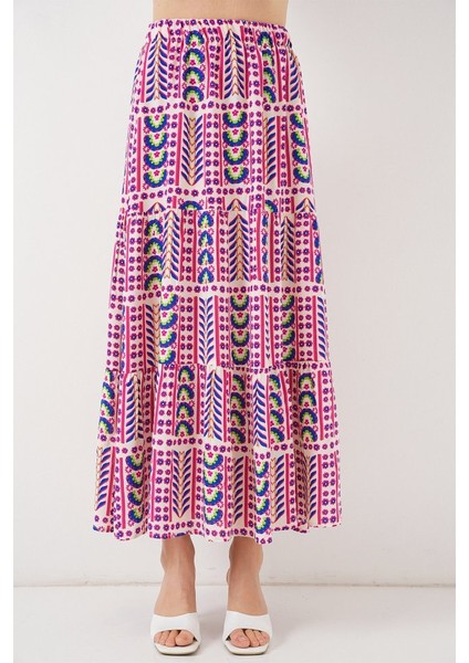 Desenli Uzun Etek 8053 - Fuşya fırsatları