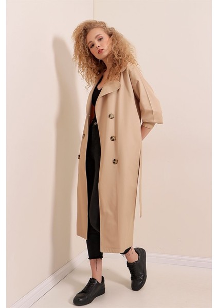 5853 Kruvaze Yaka Trençkot - Vizon fırsatları