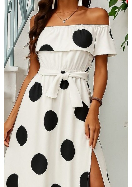 Kadın Kısa Kollu Madonna Yaka Fırfırlı Belden Yırtmaçlı Maksi Örme Krep Elbise fiyatları