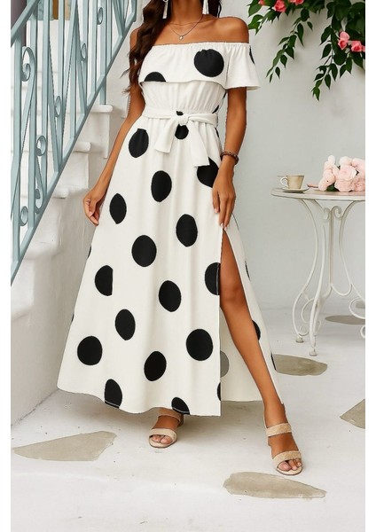 Kadın Kısa Kollu Madonna Yaka Fırfırlı Belden Yırtmaçlı Maksi Örme Krep Elbise modelleri