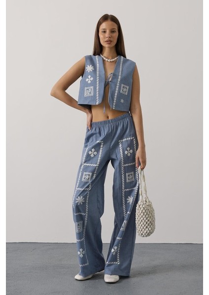 Baskılı Önü Bağlamalı Yelekli Takım - Indigo fırsatları