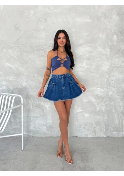 Şık Pileli Yazlık Mini Etekli Kot- Saks Mavisi