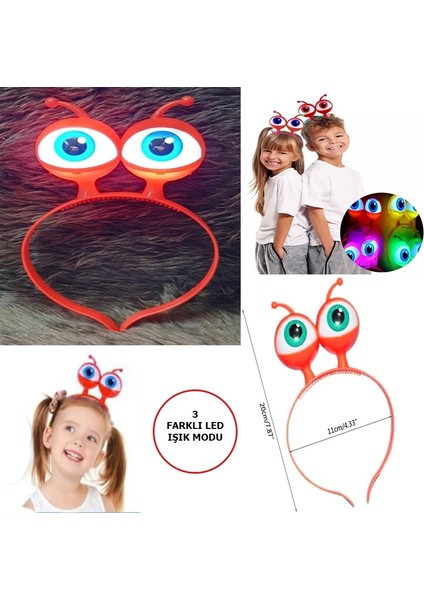 LED Işıklı &amp;amp;amp; Pilli 3 Farklı Modda Yanan Uzaylı Göz Parti Tacı Kırmızı Renk 18X12 cm