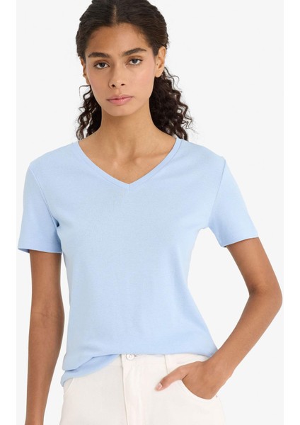 Slim Fit Dar Kesim V Yaka Basic Düz Ribana Kısa Kollu Tişört I1080AZ25AU