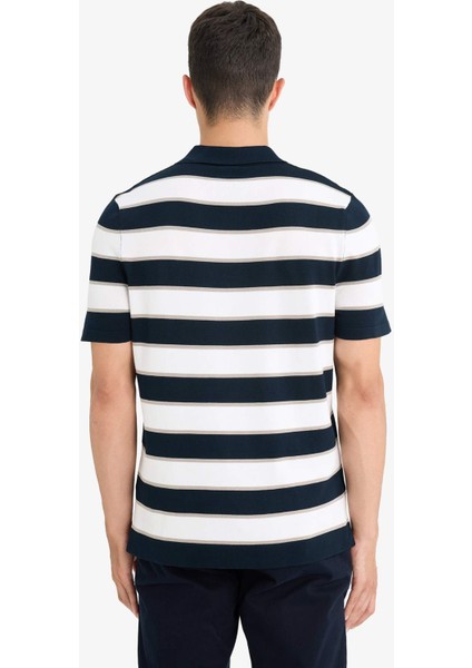 Standart Fit Polo Yaka Çizgili Kısa Kollu Triko Tişört E5439AX25SP