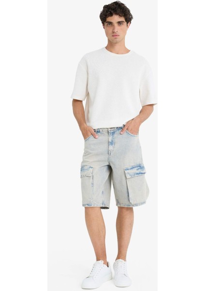 %100 Pamuk Baggy Fit Kargo Cepli Jean Bermuda Şort F5022AX25SM fırsatları
