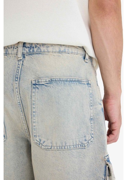 %100 Pamuk Baggy Fit Kargo Cepli Jean Bermuda Şort F5022AX25SM