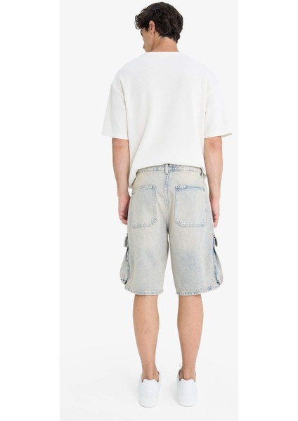 %100 Pamuk Baggy Fit Kargo Cepli Jean Bermuda Şort F5022AX25SM