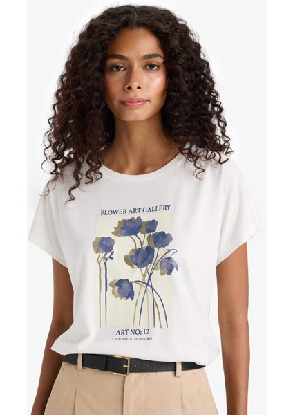 Bisiklet Yaka Çiçek Baskılı Kısa Kollu Tişört E5138AX25AU fırsatları