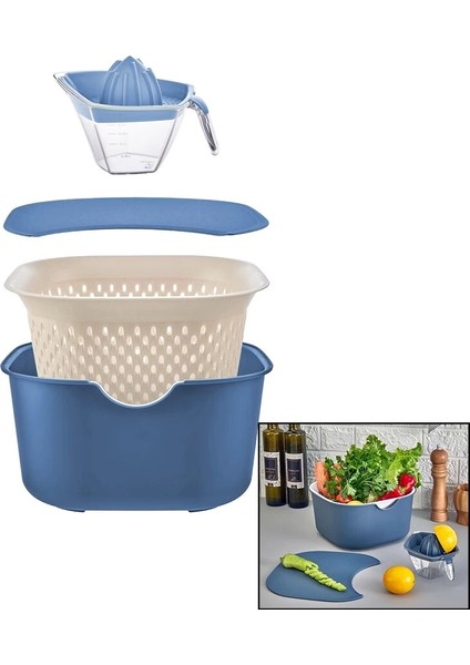 Mavi 5pcs Mutfak Seti Pls.karıştırma Kap=4lt - Süzgeç=3.5lt - Kesim Pano - SIKACAK=0.25LT fiyatları