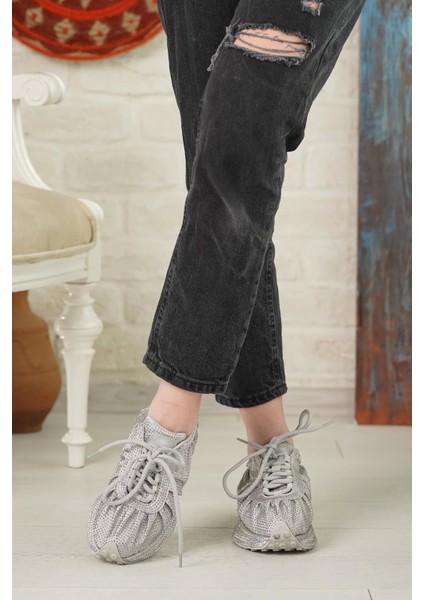 25Y493 Kadın Günlük Taşlı Spor Ayakkabı Gümüş modelleri