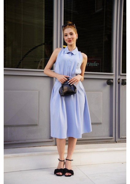 Gömlek Yaka Kemerli Elbise Mavi S255061 fırsatları