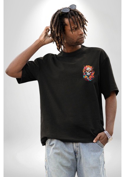 Kadın Figürlü Çiçekli Kuru Kafa Siyah Oversize Kadın Erkek Ön Minimal Baskılı Tişört fiyatları