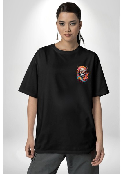 Kadın Figürlü Çiçekli Kuru Kafa Siyah Oversize Kadın Erkek Ön Minimal Baskılı Tişört modelleri