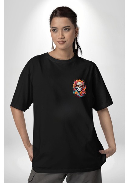 Kadın Figürlü Çiçekli Kuru Kafa Siyah Oversize Kadın Erkek Ön Minimal Baskılı Tişört indirimleri