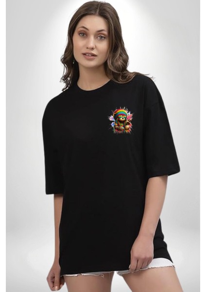 Renkli Teddy Bear Rasta Eğlenceli Ayı Siyah Oversize Kadın Erkek Ön Minimal Baskılı Tişört fiyatları