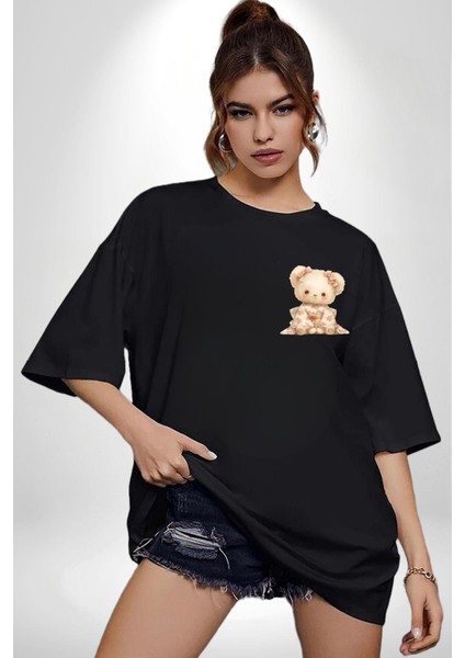 Çiçek Desenli Kawaii Ayıcık Siyah Oversize Kadın Erkek Ön Minimal Baskılı Tişört fiyatları