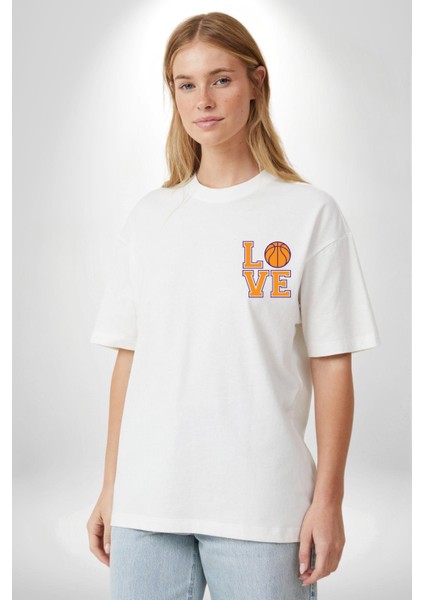 Basketbol Severler Için Love Beyaz Oversize Kadın Erkek Ön Minimal Baskılı Tişört fırsatları