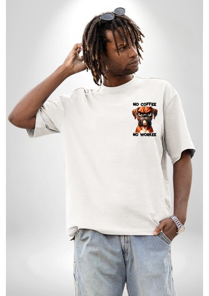 Kahve Olmadan Çalışmam Kahve Aşkı ve Boxer Köpek Beyaz Oversize Kadın Erkek Ön Minimal Baskılı Tişört fiyatları